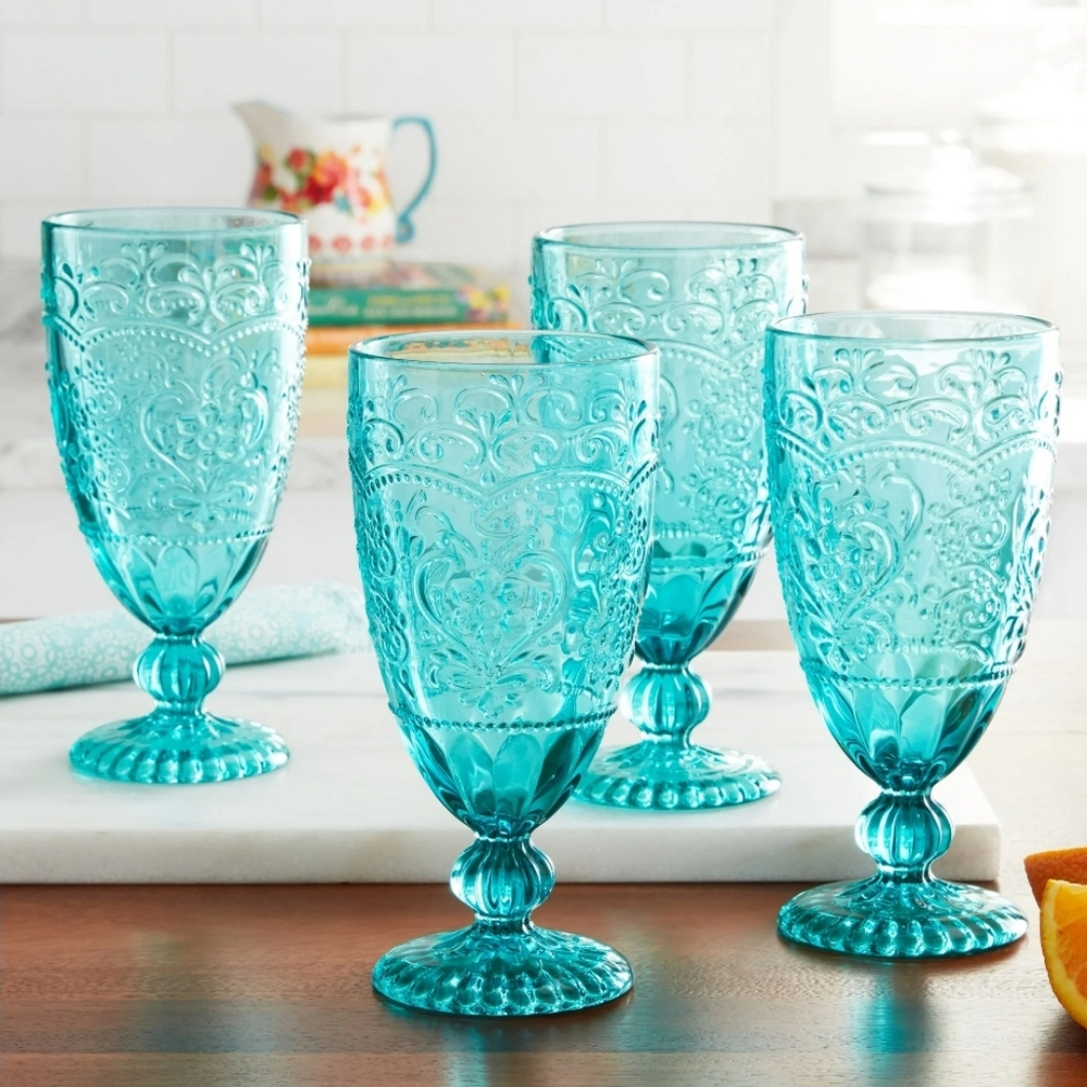 ❤️ New Pioneer Woman AmeliabSet of 4 Blue Embossed Glass Goblets